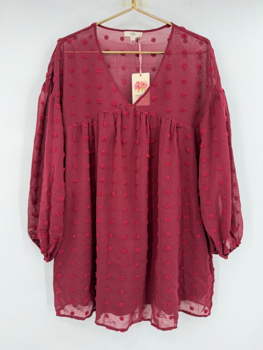 Entro M Women’s Swiss Dot Babydoll Mini Dress Berry Pink Sheer Long Sleeve